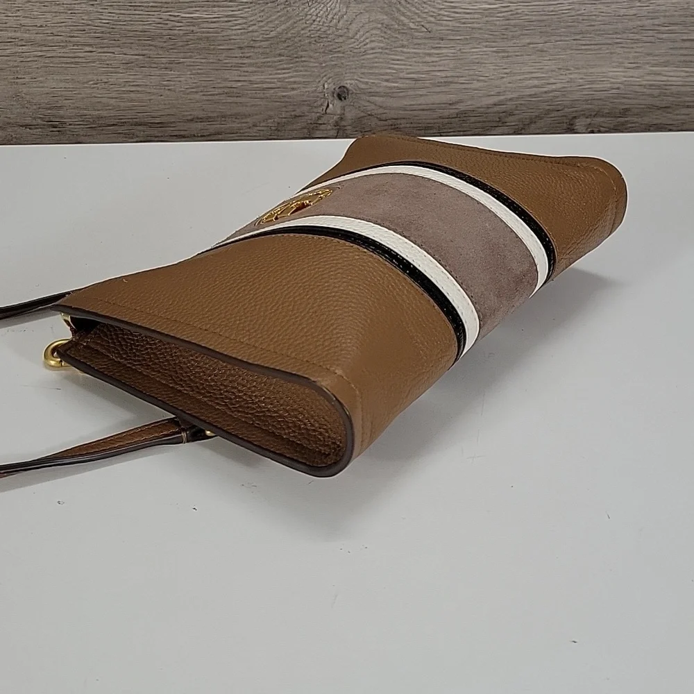 Tory Burch Brown Leather Crossbody Bag with Striped Accent